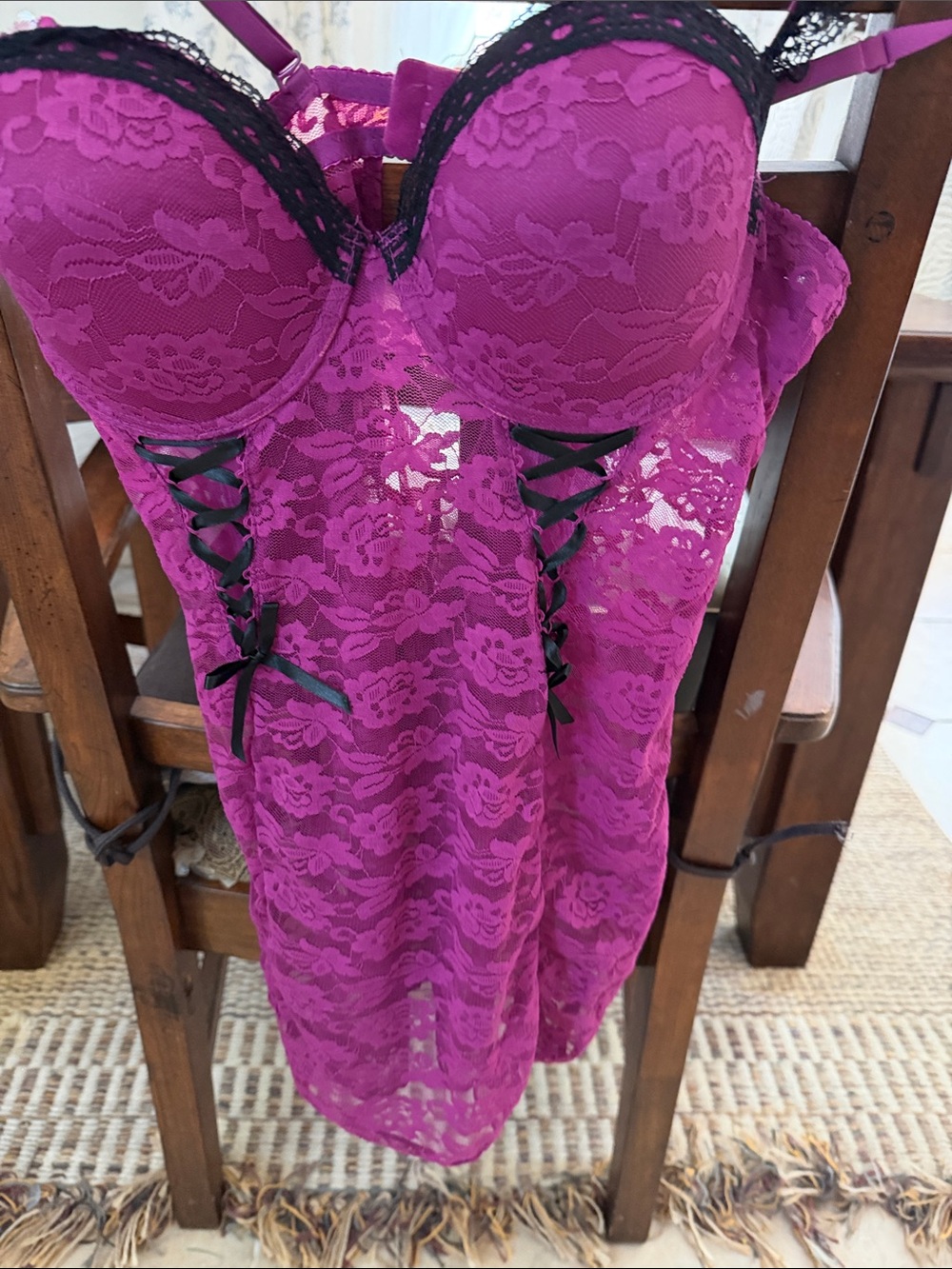 Cacique Lace Chemise in Fuchsia with Black Trim